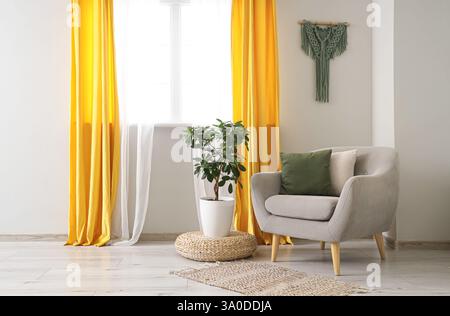 Interior of living room with curtains, armchair and plant Stock Photo