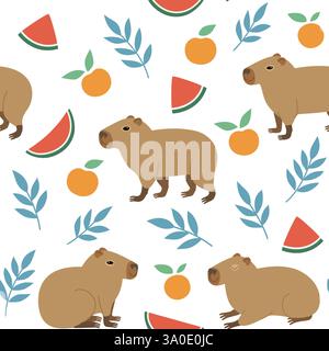Seamless pattern with cute capybara, oranges and watermelon. Vector hand-drawn doodle illustration in trendy style. Stock Vector