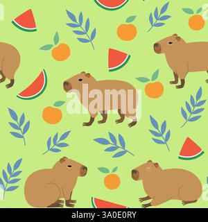 Seamless pattern with cute capybara, oranges and watermelon. Vector hand-drawn doodle illustration in trendy style. Stock Vector