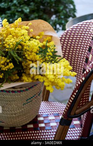 A beautiful bouquet of vibrant yellow mimosa flowers adds a cheerful touch to the cozy atmosphere of a cafe Stock Photo
