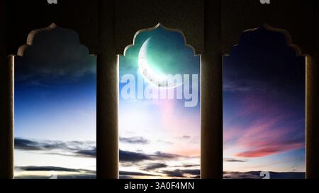 Mosque door with a view of the crescent moon and starry sky at night ...
