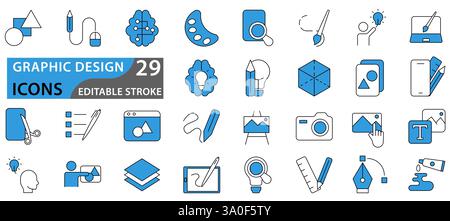 Set of icons of graphic design. Simple icons in a modern style. Graphic design, creative package, stationary, software and more Stock Vector