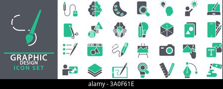 Set of icons of graphic design. Simple icons in a modern style. Graphic design, creative package, stationary, software and more Stock Vector