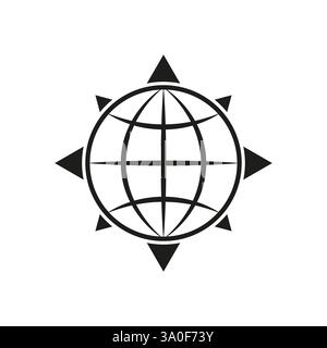 Navigation globe icon. Directional world shape. Geographic position symbol. Black compass element. Stock Vector