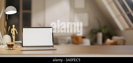 A white screen laptop on wooden table under the lamp light and moon light. Study or working at night. 3d rendering, 3d illustration Stock Photo