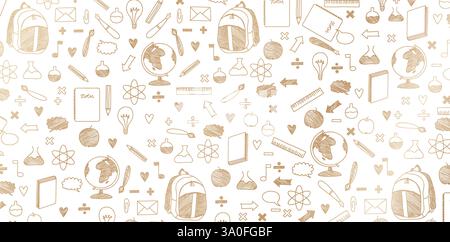 Back to school seamless patterns hand drawn doodle line art golden colors isolated white backgrounds for textile wallpapers, books cover Stock Vector