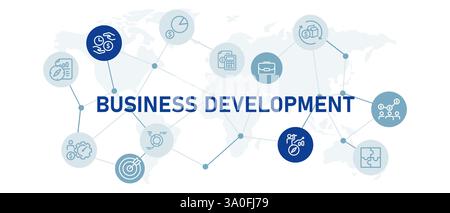 Business development icon set with illustration management marketing strategy planning income investment career company financial development salary Stock Vector