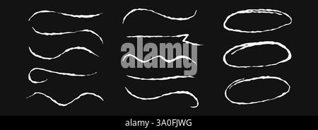 Hand drawn chalk lines and circles set. White pastel underlines and strokes collection. Wavy crayon brushstroke bundles. Rough sketched marks, highlights and emphasis for divide and separate. Vector Stock Vector