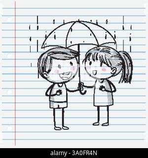 Two kids happily sharing an umbrella in rain Stock Vector