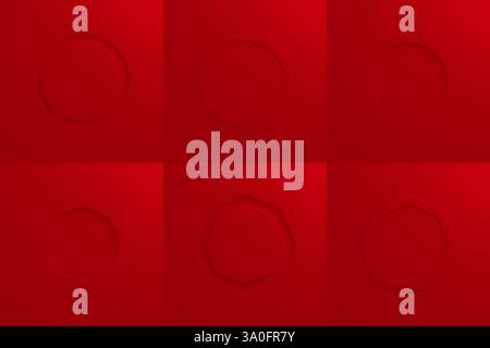 Red embossed geometric frames set with circular and polygonal shapes, dimensional relief patterns on crimson surface. Modern 3d backgrounds with subtle depth effect for graphic design projects. Stock Vector