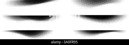 Halftone shadows set. Black dotted gradient stripes collection. Horizontal pixelated grain line patterns. Half tone textured shades pack for divide and separate. Vector noise dots and particles strips Stock Vector