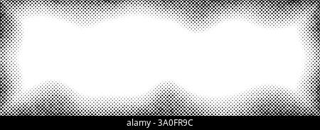 Halftone rectangle grain frame. Black comic dotted wavy border. Pop art fading gradient frame backdrop. Black and white grunge abstract framing background. Vector dot textured graphic design wallpaper Stock Vector