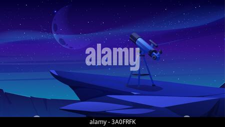 Telescope on mountain under starry night sky. Vector cartoon illustration of astronomy binocular for space exploration, stargazing hobby, observatory equipment, cosmos discovery, science and education Stock Vector