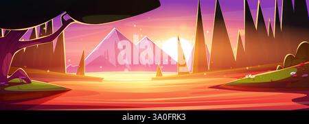 Forest cartoon landscape at sunset with lake. Distant mountains, water in river with reflection, trees and grass with flowers on banks of pond glowing by bright sun on pink and orange gradient sky. Stock Vector