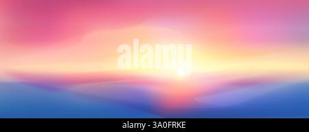 Purple landscape sunrise view with smooth gradient mountains or clouds silhouette in foreground. Bright sun in pink and yellow sky. Realistic dreamy minimalist horizon background with sunset. Stock Vector