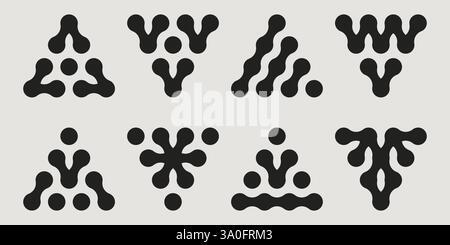 Metaball shapes set isolated on white background. Vector illustration of abstract black dots connected in triangles, organic molecule symbols, linked cells, data network, data grid structure signs Stock Vector