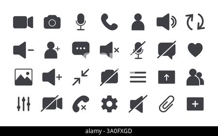 Icon Videocall. UI interface video chat. Set of buttons for online business webinar. Communication symbols. Flat Vector illustration Stock Vector
