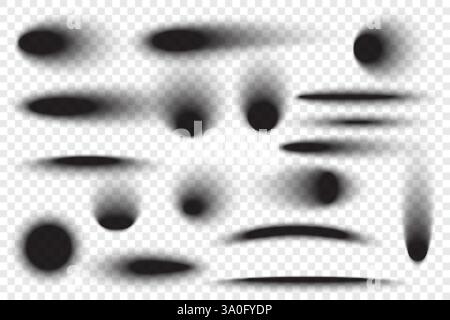 Circle drop shadows on floor. Realistic round and oval black gradients set on transparent checkered background. Vector soft blurred dark elements Stock Vector