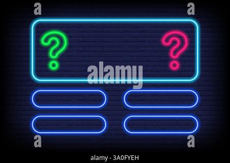 Quiz game neon template for tv show on brick wall background. Frame for question and answers for intellectual competition. Vector banner and trivia Stock Vector