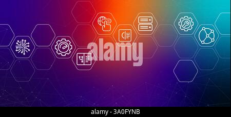 Software gradient header programming testing network connection application development engineering data flow algorithm setting maintenance Stock Vector