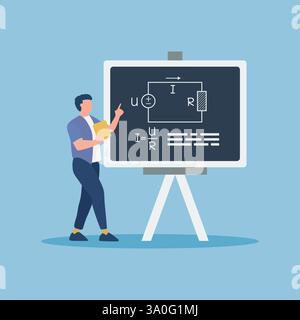 School physics teacher shows of formula on blackboard. Flat design. Vector illustration. Stock Vector