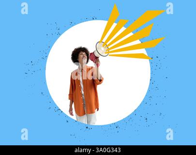 Young positive woman with a megaphone. Communication concept. Stock Photo