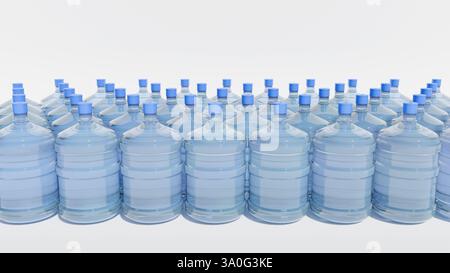 Multiple large bottles of water are lined up in a uniform row. Each bottle is transparent, displaying clean water inside, topped with blue caps, creat Stock Photo