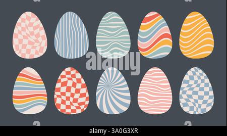 Groovy Hippie Wave Easter Eggs with Distorted Checkered and Uneven Stripes Pattern Set. Isolated Retro Twisted Waves Trippy Grid and Stripe, Fluid Stock Vector