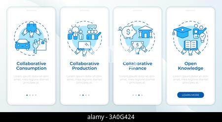 Types of collaborative economy blue onboarding mobile app screen Stock Vector