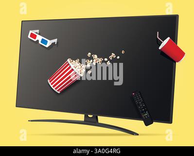 Realistic movie time illustration with levitation smart tv, remote control, popcorn bucket, cola cup and 3d glasses Stock Vector