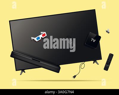 Smart tv, remote control, soundbar, tv set-top box, 3d glasses and flash drive levitation in the air. Vector illustration. Stock Vector