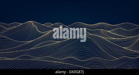 Vector wave line pattern, sea, mountains, hills art. Japanese nature illustration, china wallpaper, geometric curve wallpaper. Gold on blue. Stock Vector