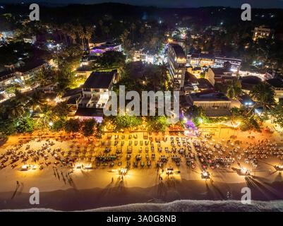 Aerial night photo about the beach restaurants in Mirissa Beach Matara District Southern Province Sri Lanka. Stock Photo