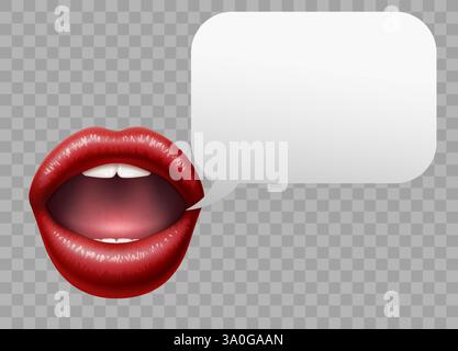 Women lips and speech bubble. Realistic isolated element on transparent background. 3D human mouth. Red lipstick. Text box with copy space. Cosmetic Stock Vector