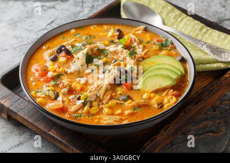 Creamy Mexican chicken enchilada black bean soup closeup on the plate on the table. Horizontal Stock Photo