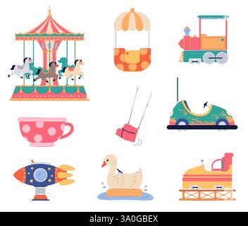 Set of childrens swing rides. Amusement park elements. Attraction objects. Rollercoaster, merry-go-round and funfair. Toy horse and cup. Cartoon flat Stock Vector