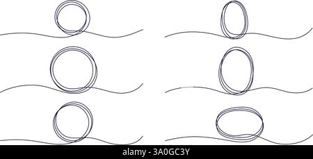 Continuous one line circle collection. Thin ring sketch pencil or pen. Hand drawn sketch on a white background. Vector circular scribble doodle for me Stock Vector