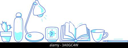 Library and books. Art line sketch border. Desk symbol with laptop, papers. Graphic elements isolated on white backdrop. Simple illustration for educa Stock Vector