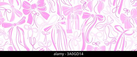Pink ribbons seamless pattern. Vector sketch wallpaper. Hand drawn bow, silk bows for gifts, present knots and wrap pack on white background. Celebrat Stock Vector