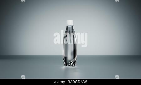 3D model of a transparent plastic bottle with water and a white label on a light background, water, water in bottles Stock Photo