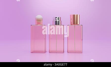 3D model of three pink perfume bottles on a pink background, perfume and cosmetics Stock Photo