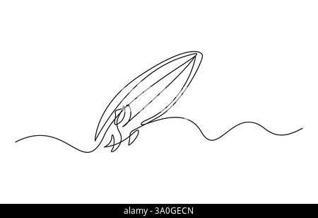 Single one line drawing Surfboard, surfer standing on beach holding surfboard, Stock Vector