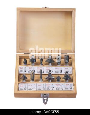 Big set of roundover router bits for woodworking in wooden box isolated Stock Photo