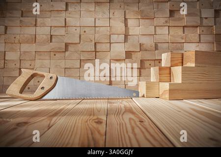 Carpenter Tools. Classic Handsaw With Wooden Handle. Stack Of Wooden Beams Stock Photo