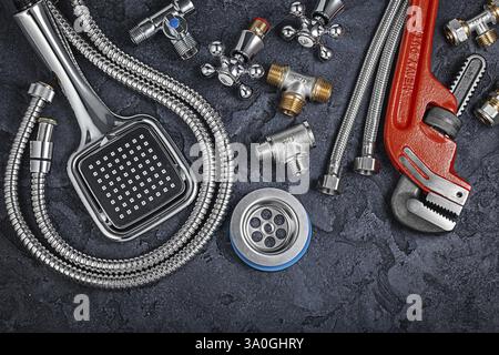 Bathroom Tools And Accessories On Black Stone Background Stock Photo