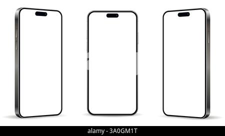 Realistic smartphone mockup from angled view. Mobile phone isolated on white background. Vector illustration. Stock Vector