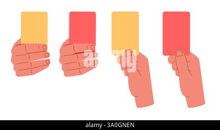 Hands hold red and yellow card. Sport game wrong behavior symbol. Judgment showing sign in football competition. Colorful empty soccer posters Stock Vector