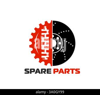 Car auto spare parts icon. Vector bold, modern emblem featuring gear and brake disc split in red and black, symbolizing automotive spare parts. Label Stock Vector