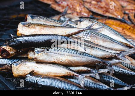 Smoked mackerel fish ready to eat in a street food market Stock Photo