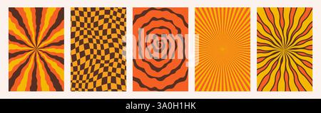 Abstract Groovy backgrounds. Set of psychedelic retro patterns in orange colors. Trendy twisted and checkered funky vector texture in abstract y2k Stock Vector